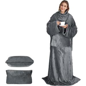 Catalonia Packable Travel Wearable Blanket Pillow with Sleeves for Adults, 2 in 1 Wearable Blanket with Pockets(Gray)