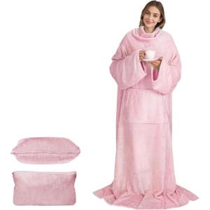 Catalonia Packable Travel Wearable Blanket Pillow with Sleeves for Adults, 2 in 1 Wearable Blanket with Pockets(Pink)