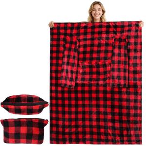 Catalonia Packable Travel Wearable Blanket Pillow with Sleeves for Adults, 2 in 1 Wearable Blanket with Pockets(Red Checker)