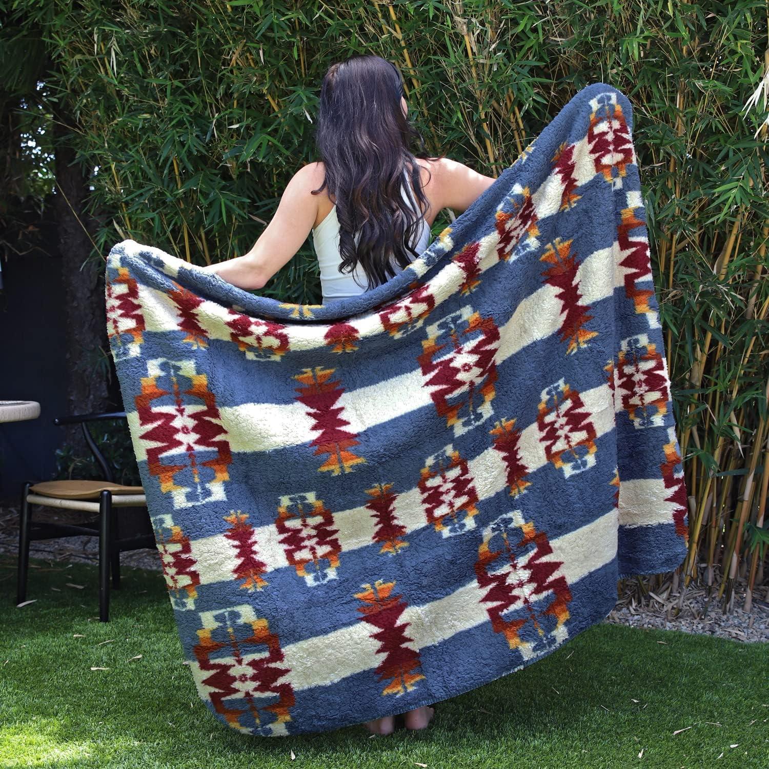imageCatalonia Southwestern Tribal Print Blanket Soft Aztec Throw Sherpa Blanket Navajo Style Native Throw for Couch Sofa Bed Cozy Boho Blanket for Home Decor 50x60 inchesSouthwestern Blue