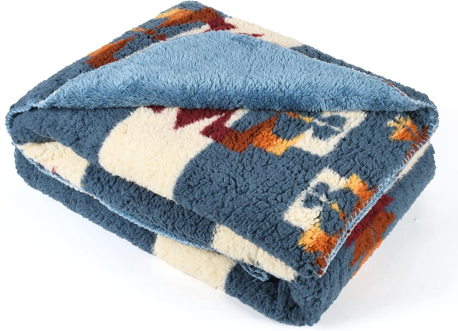 imageCatalonia Southwestern Tribal Print Blanket Soft Aztec Throw Sherpa Blanket Navajo Style Native Throw for Couch Sofa Bed Cozy Boho Blanket for Home Decor 50x60 inchesSouthwestern Blue