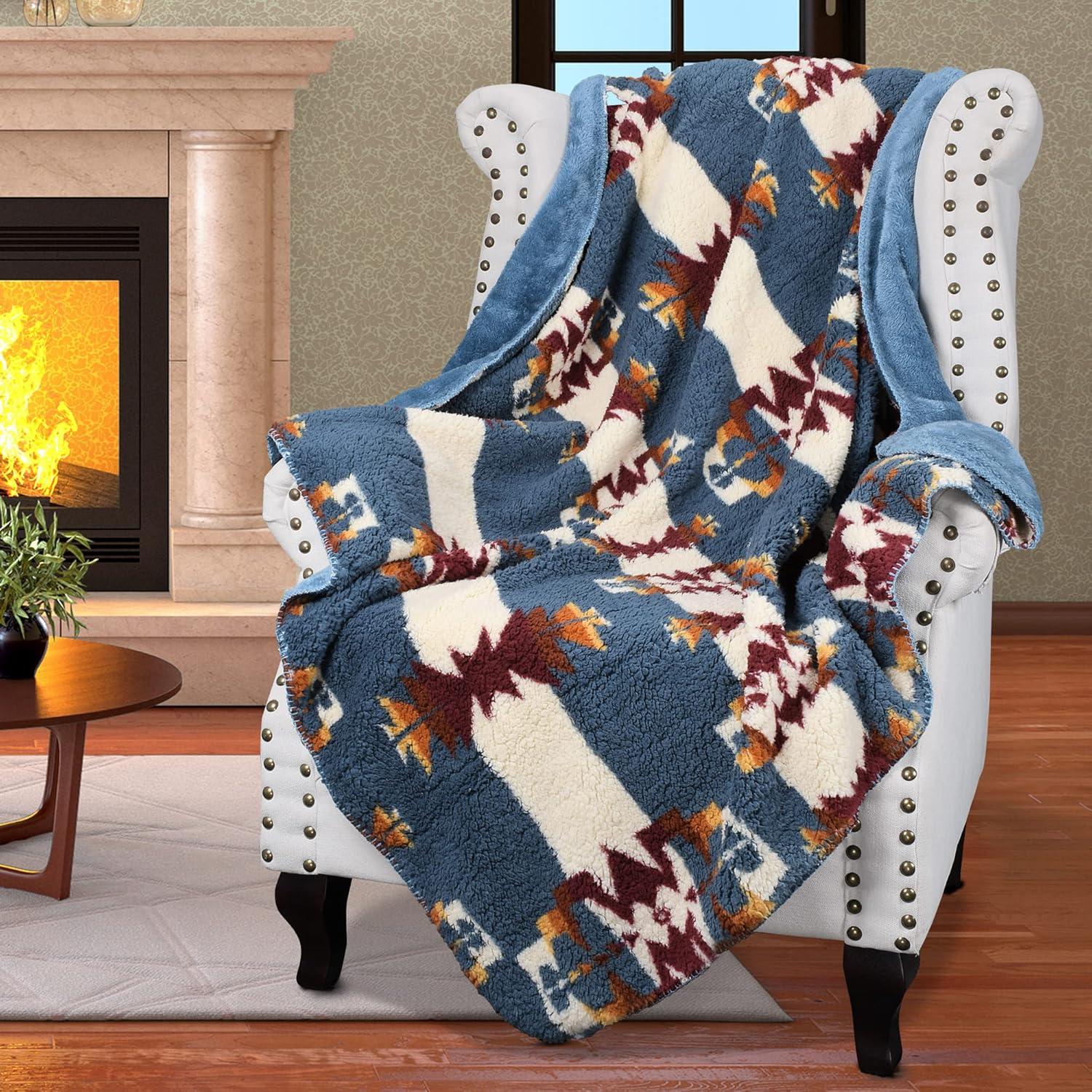 imageCatalonia Southwestern Tribal Print Blanket Soft Aztec Throw Sherpa Blanket Navajo Style Native Throw for Couch Sofa Bed Cozy Boho Blanket for Home Decor 50x60 inchesSouthwestern Blue