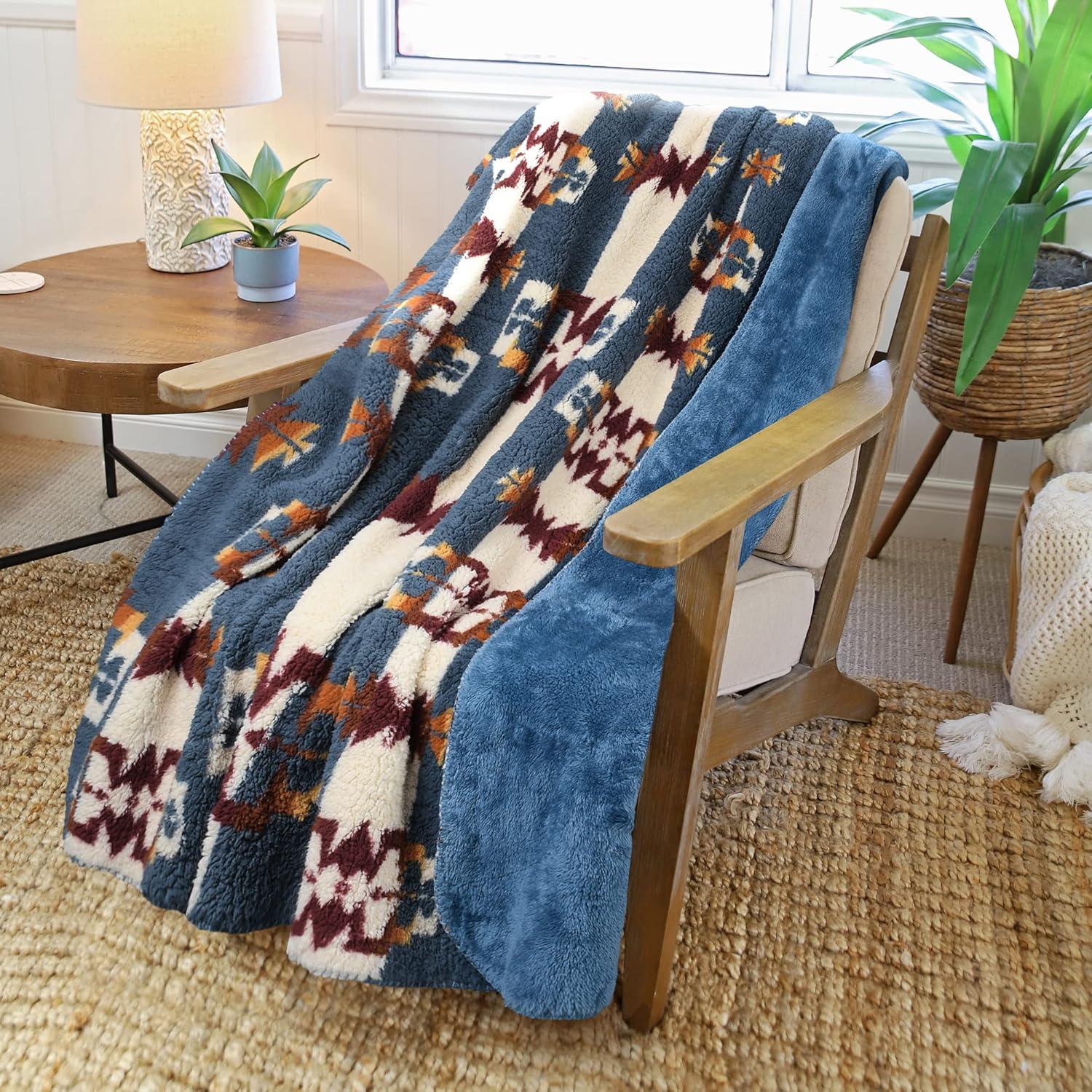 imageCatalonia Southwestern Tribal Print Blanket Soft Aztec Throw Sherpa Blanket Navajo Style Native Throw for Couch Sofa Bed Cozy Boho Blanket for Home Decor 50x60 inchesSouthwestern Blue