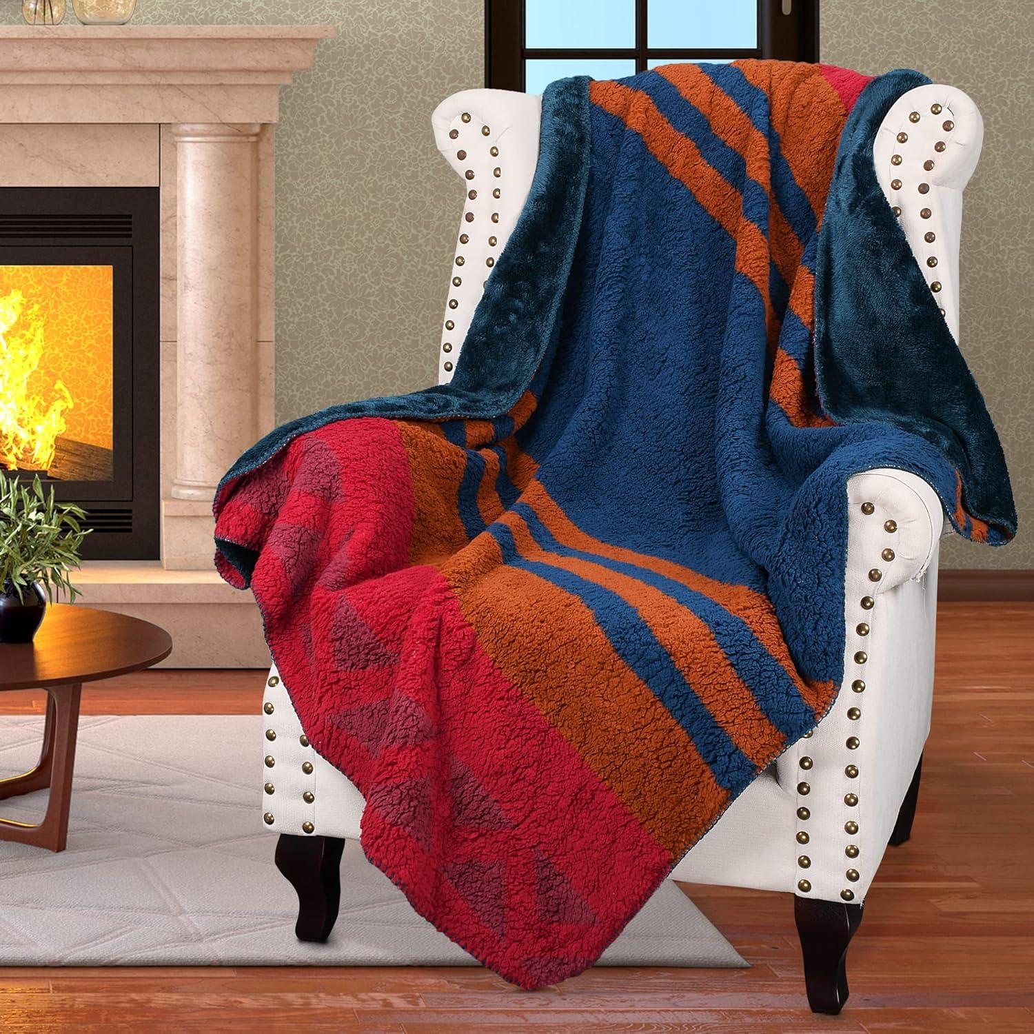 imageCatalonia Southwestern Tribal Print Blanket Soft Aztec Throw Sherpa Blanket Navajo Style Native Throw for Couch Sofa Bed Cozy Boho Blanket for Home Decor 50x60 inchesSouthwestern Stripe