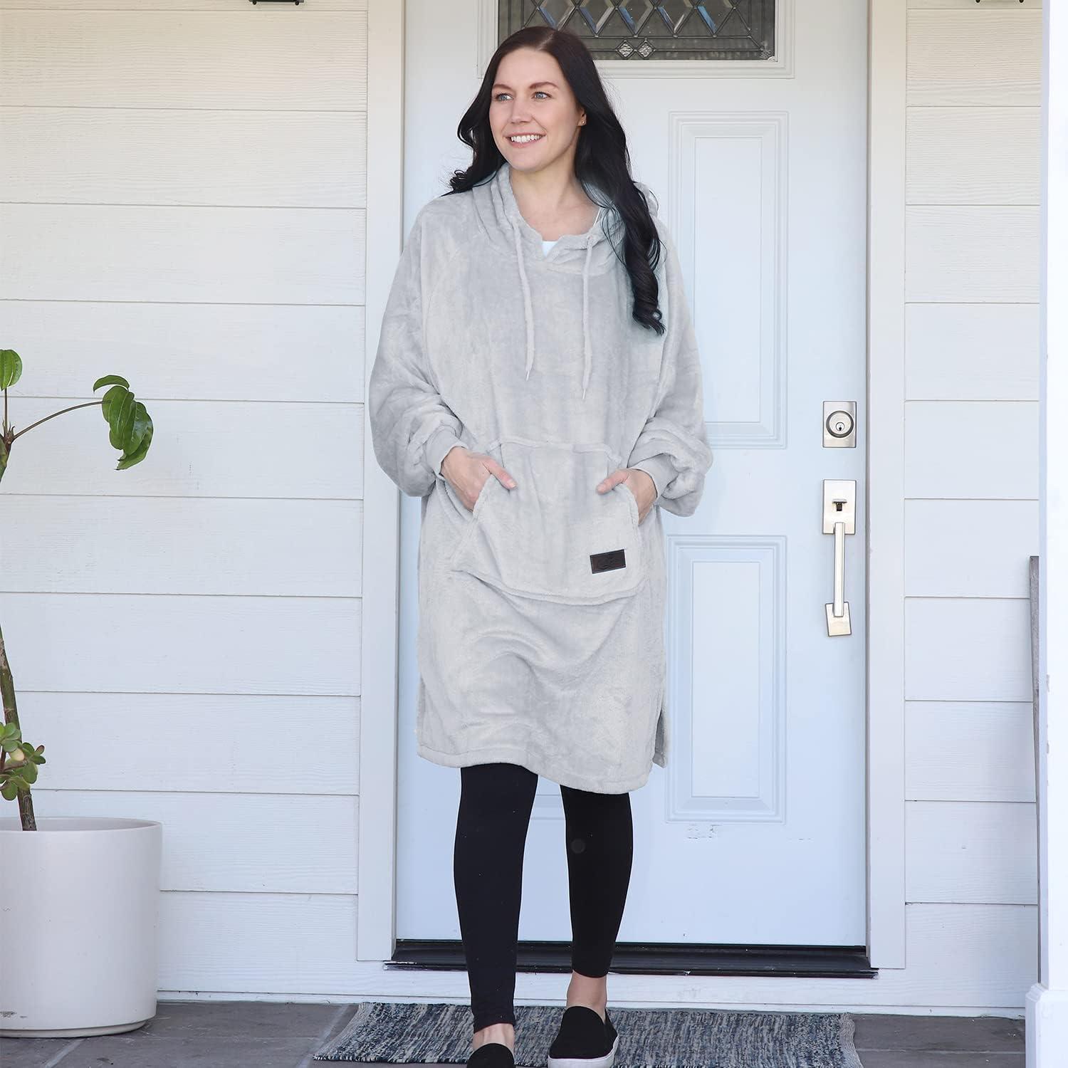 imageCatalonia Womens Plush Hoodie Sweatshirt Dress Casual Snuggly Wearable Blanket Pullover Sweater with Kangaroo Pocket Cozy and SoftDove Greyhoodie Dress