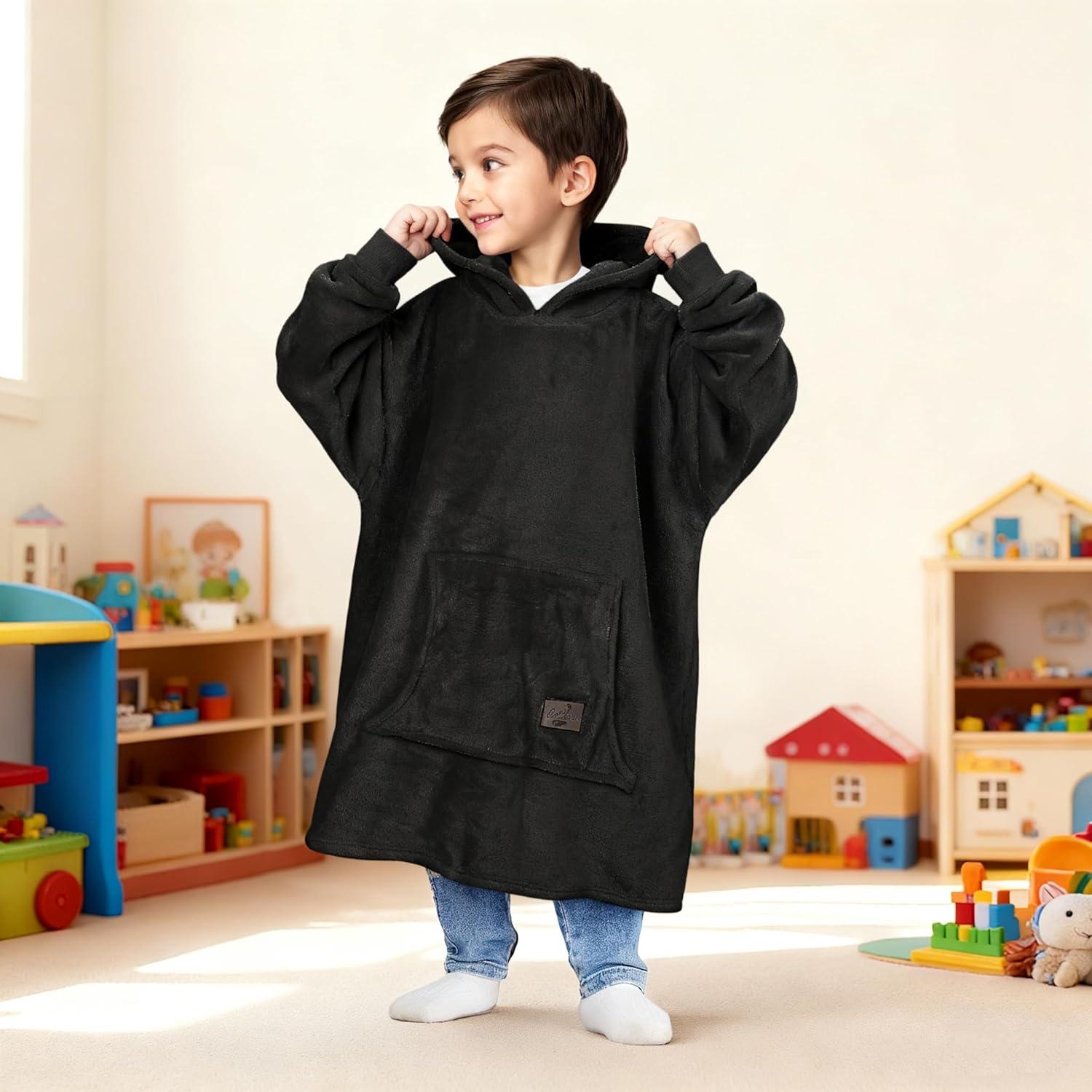 imageCatalonia Wearable Blanket Hoodie Kids Oversized Blanket Sweatshirt Hooded Blanket with Pocket amp Sleeves for Boys and GirlsBlack
