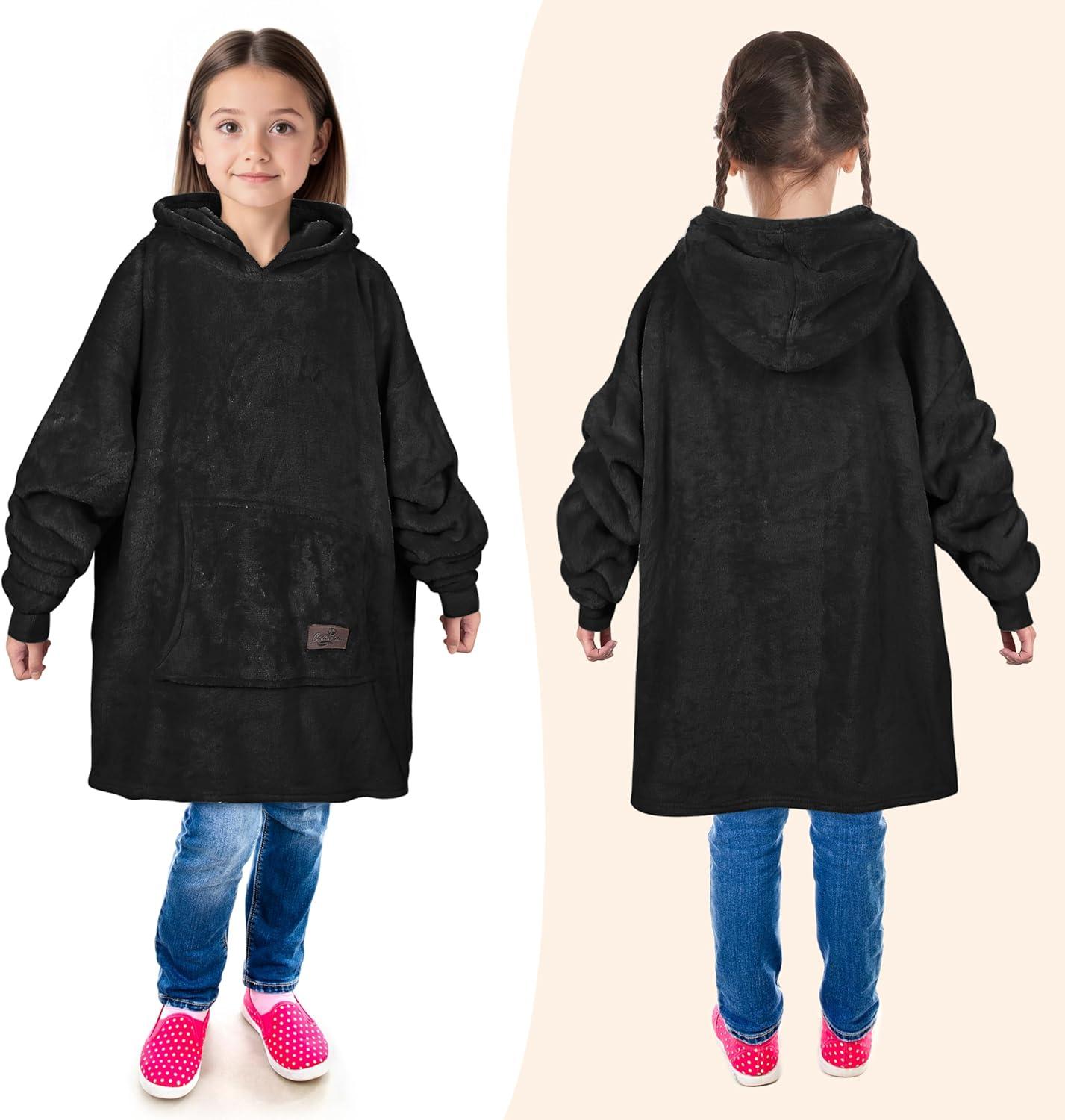 imageCatalonia Wearable Blanket Hoodie Kids Oversized Blanket Sweatshirt Hooded Blanket with Pocket amp Sleeves for Boys and GirlsBlack