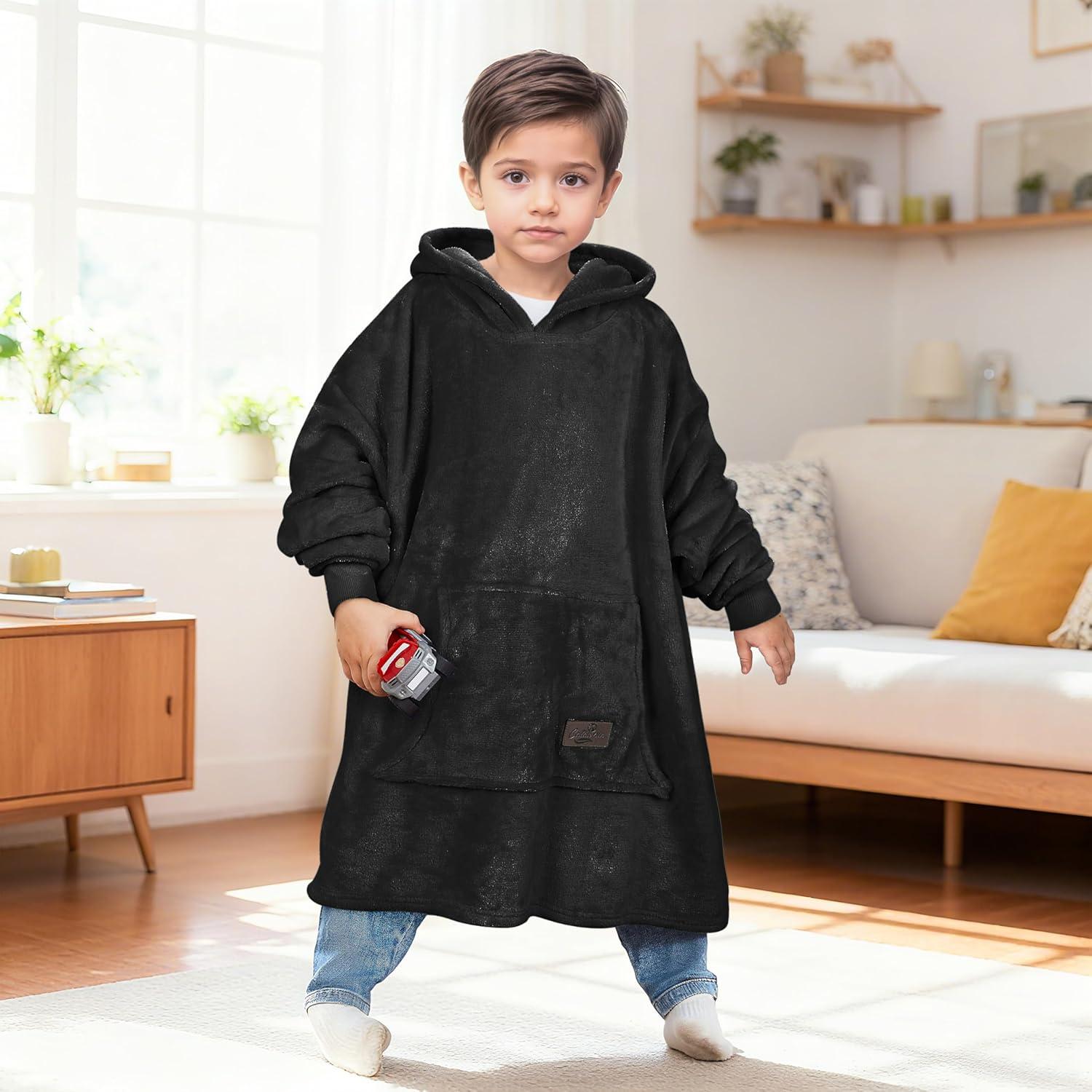 imageCatalonia Wearable Blanket Hoodie Kids Oversized Blanket Sweatshirt Hooded Blanket with Pocket amp Sleeves for Boys and GirlsBlack