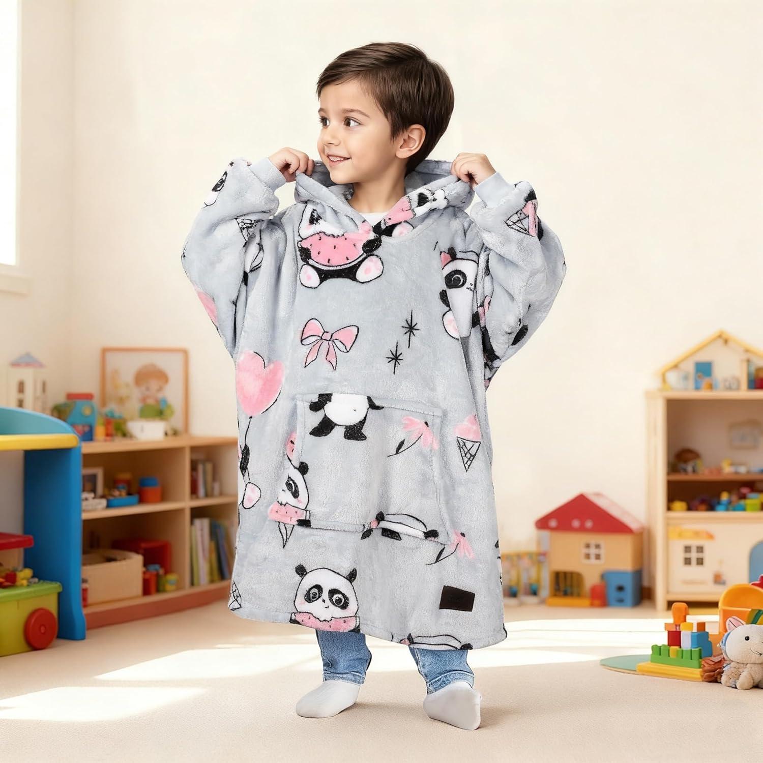 imageCatalonia Wearable Blanket Hoodie Kids Oversized Blanket Sweatshirt Hooded Blanket with Pocket amp Sleeves for Boys and GirlsGirlpanda Gray