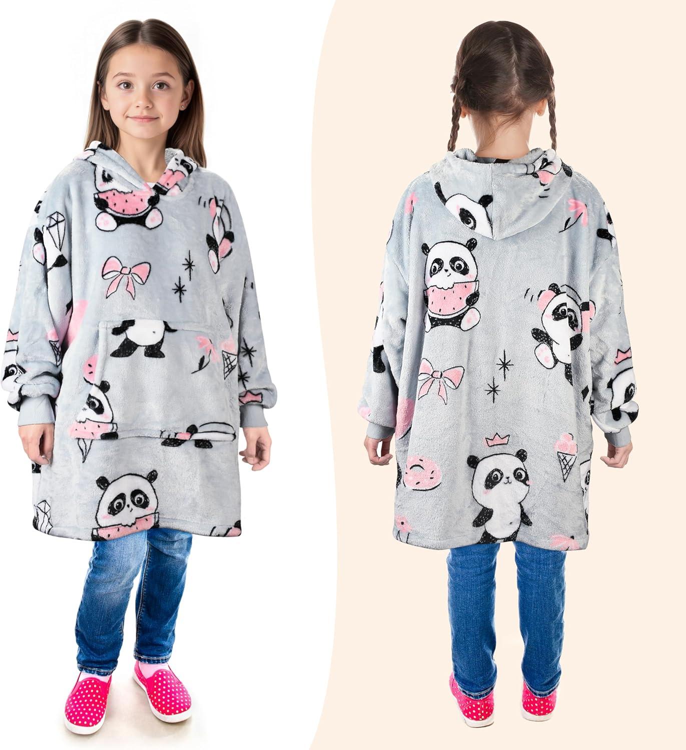 imageCatalonia Wearable Blanket Hoodie Kids Oversized Blanket Sweatshirt Hooded Blanket with Pocket amp Sleeves for Boys and GirlsGirlpanda Gray