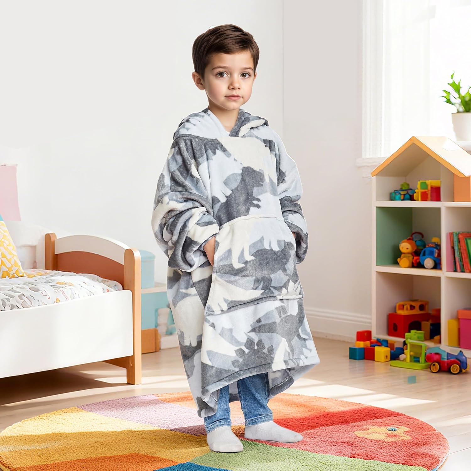 imageCatalonia Wearable Blanket Hoodie Kids Oversized Blanket Sweatshirt Hooded Blanket with Pocket amp Sleeves for Boys and GirlsGray Dinosaur