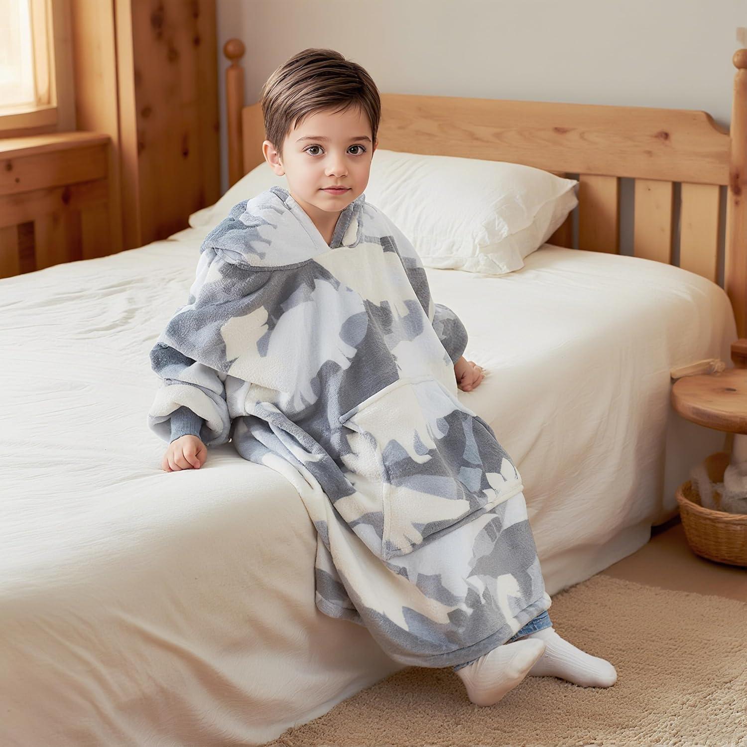 imageCatalonia Wearable Blanket Hoodie Kids Oversized Blanket Sweatshirt Hooded Blanket with Pocket amp Sleeves for Boys and GirlsGray Dinosaur