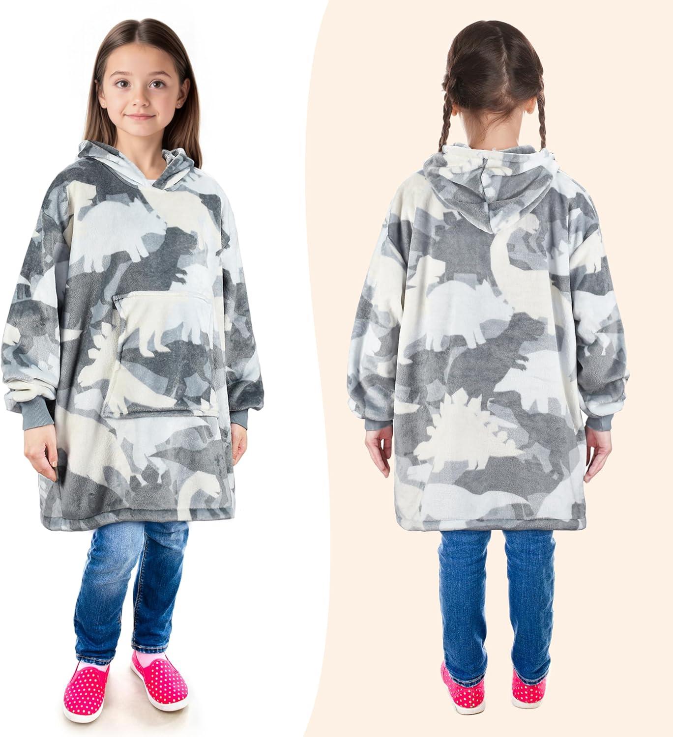imageCatalonia Wearable Blanket Hoodie Kids Oversized Blanket Sweatshirt Hooded Blanket with Pocket amp Sleeves for Boys and GirlsGray Dinosaur