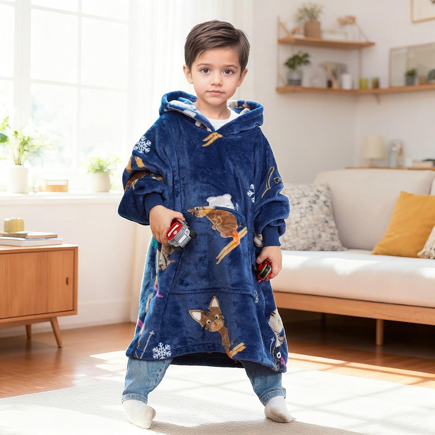 imageCatalonia Wearable Blanket Hoodie Kids Oversized Blanket Sweatshirt Hooded Blanket with Pocket amp Sleeves for Boys and GirlsSkicat Blue