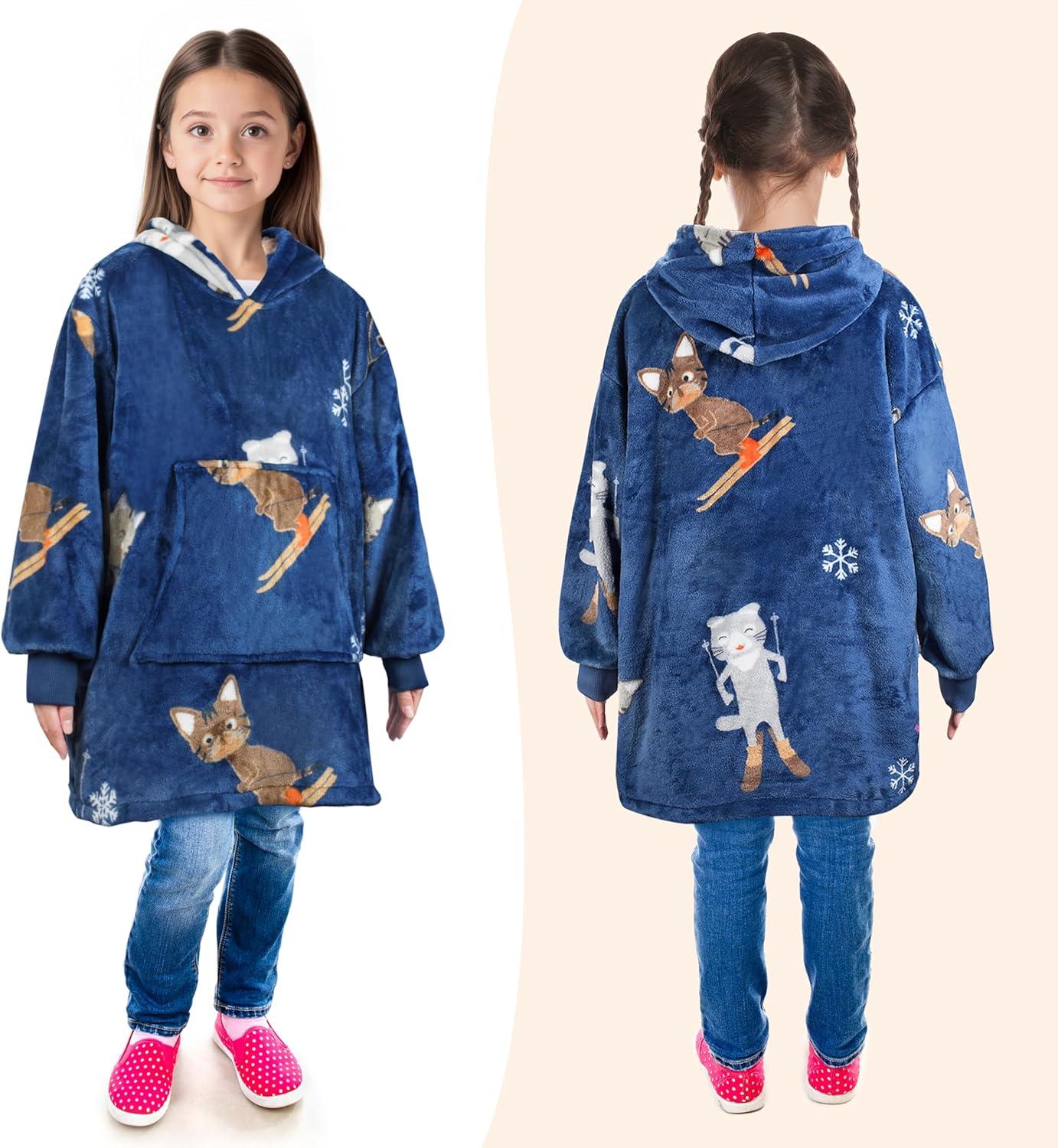 imageCatalonia Wearable Blanket Hoodie Kids Oversized Blanket Sweatshirt Hooded Blanket with Pocket amp Sleeves for Boys and GirlsSkicat Blue