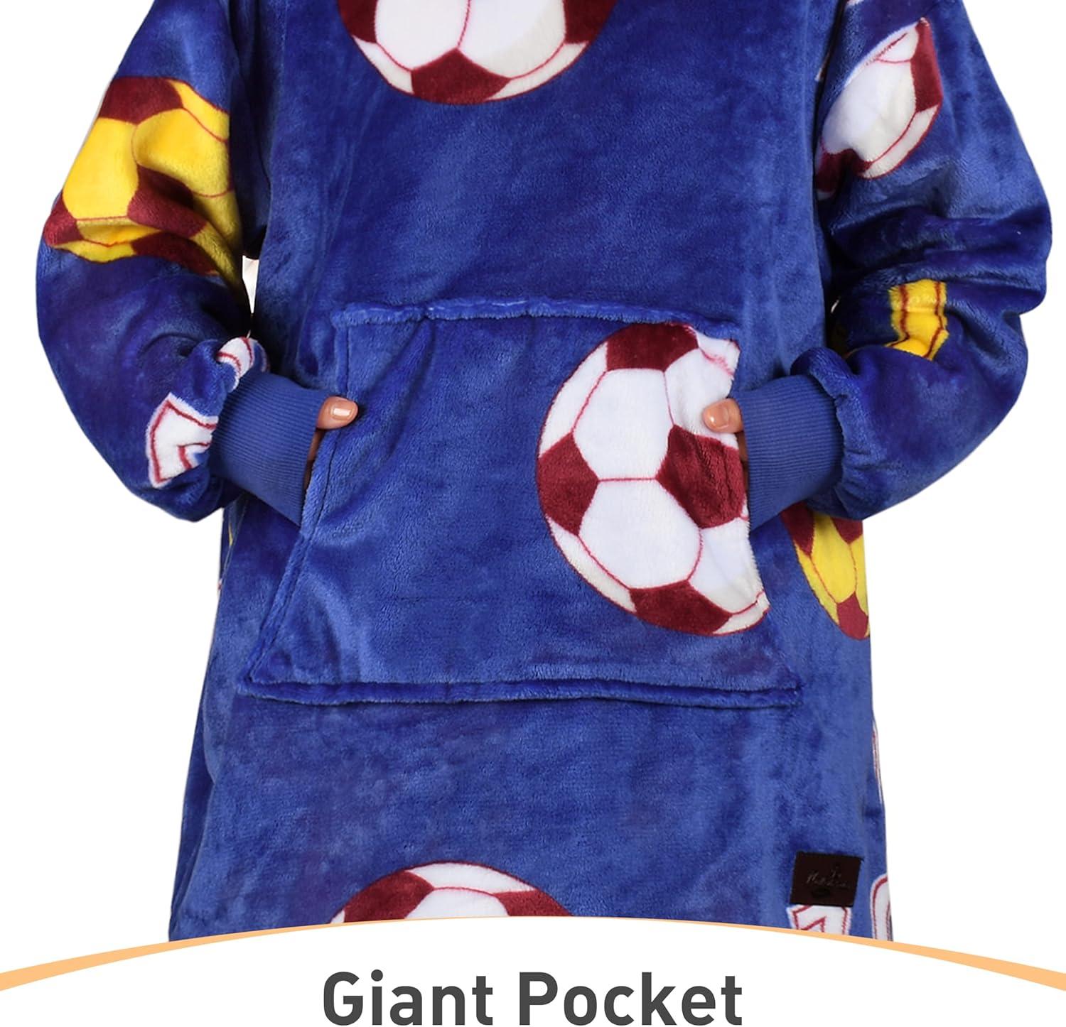 imageCatalonia Wearable Blanket Hoodie Kids Oversized Blanket Sweatshirt Hooded Blanket with Pocket amp Sleeves for Boys and GirlsSoccerteam Dark Blue