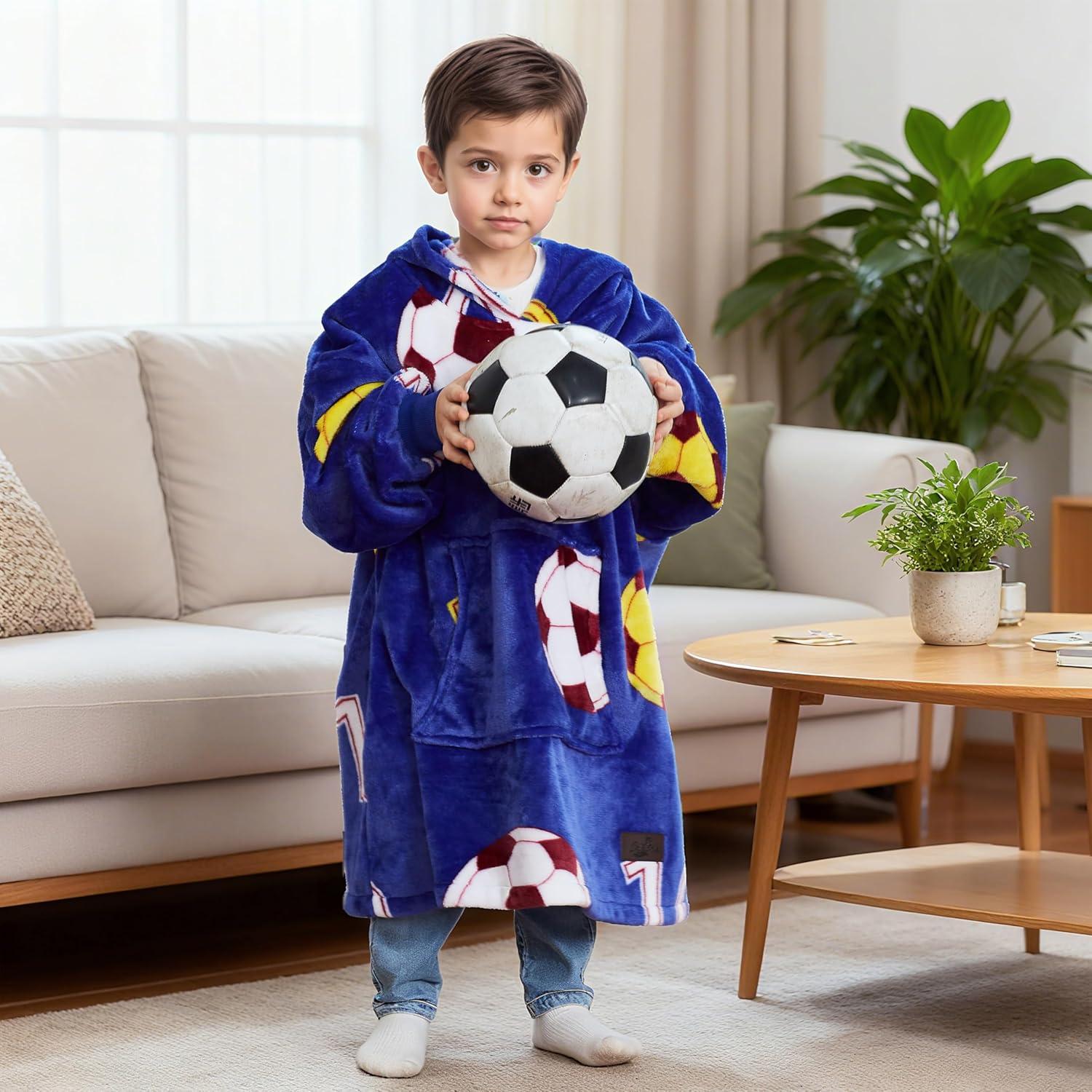 imageCatalonia Wearable Blanket Hoodie Kids Oversized Blanket Sweatshirt Hooded Blanket with Pocket amp Sleeves for Boys and GirlsSoccerteam Dark Blue