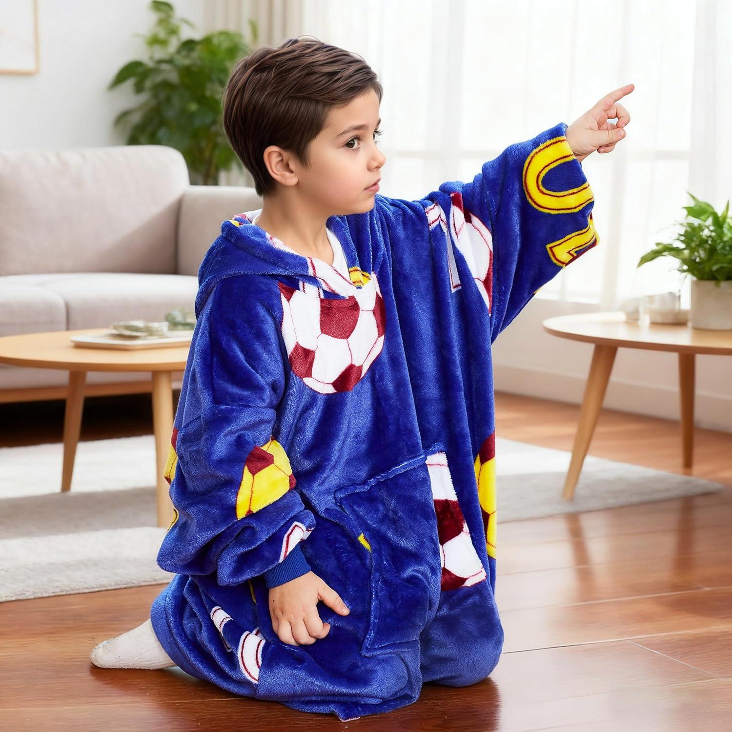 imageCatalonia Wearable Blanket Hoodie Kids Oversized Blanket Sweatshirt Hooded Blanket with Pocket amp Sleeves for Boys and GirlsSoccerteam Dark Blue