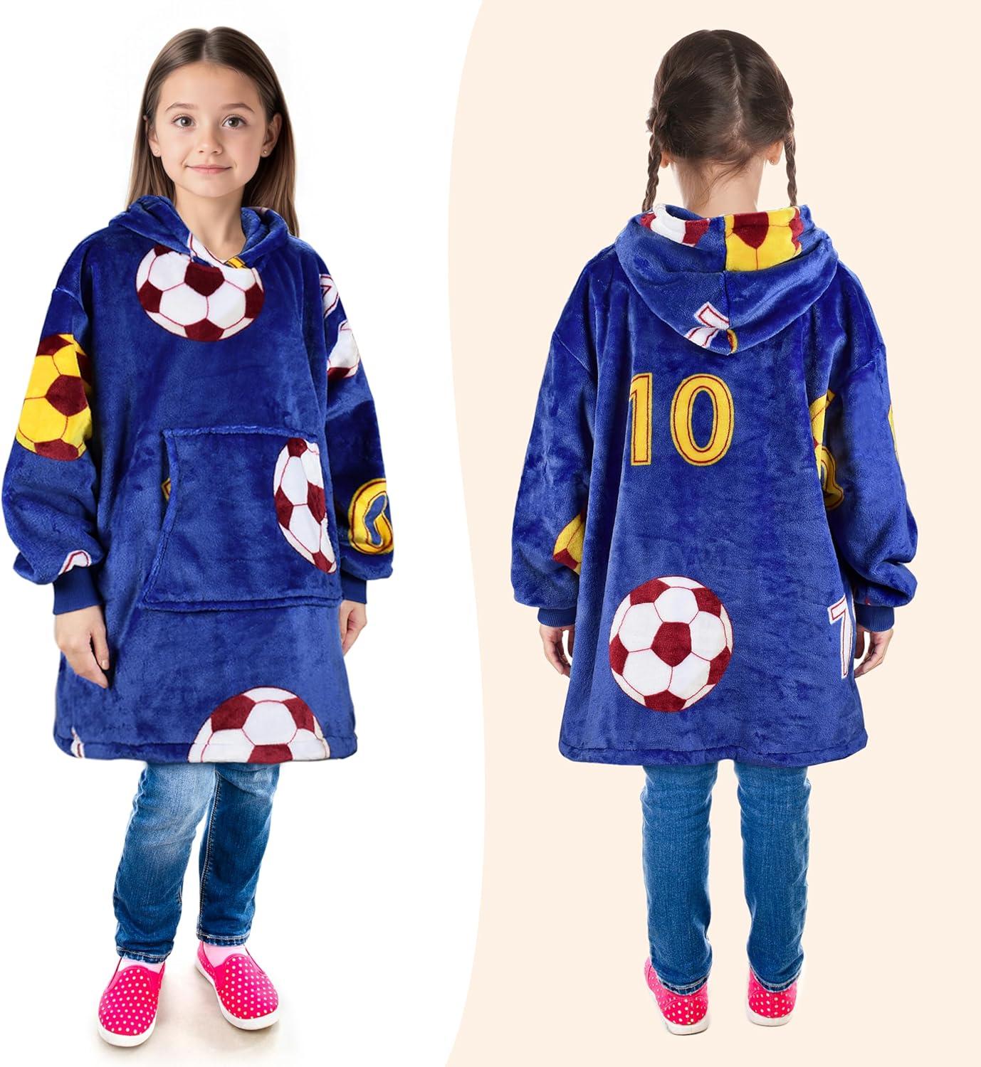 imageCatalonia Wearable Blanket Hoodie Kids Oversized Blanket Sweatshirt Hooded Blanket with Pocket amp Sleeves for Boys and GirlsSoccerteam Dark Blue