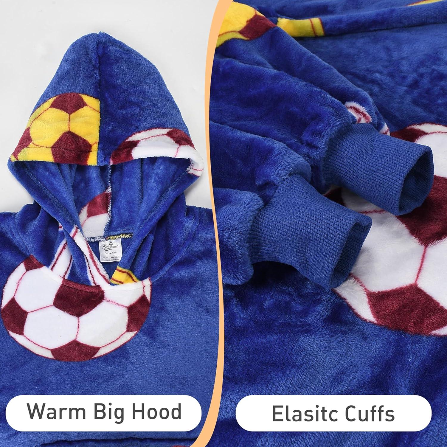 imageCatalonia Wearable Blanket Hoodie Kids Oversized Blanket Sweatshirt Hooded Blanket with Pocket amp Sleeves for Boys and GirlsSoccerteam Dark Blue