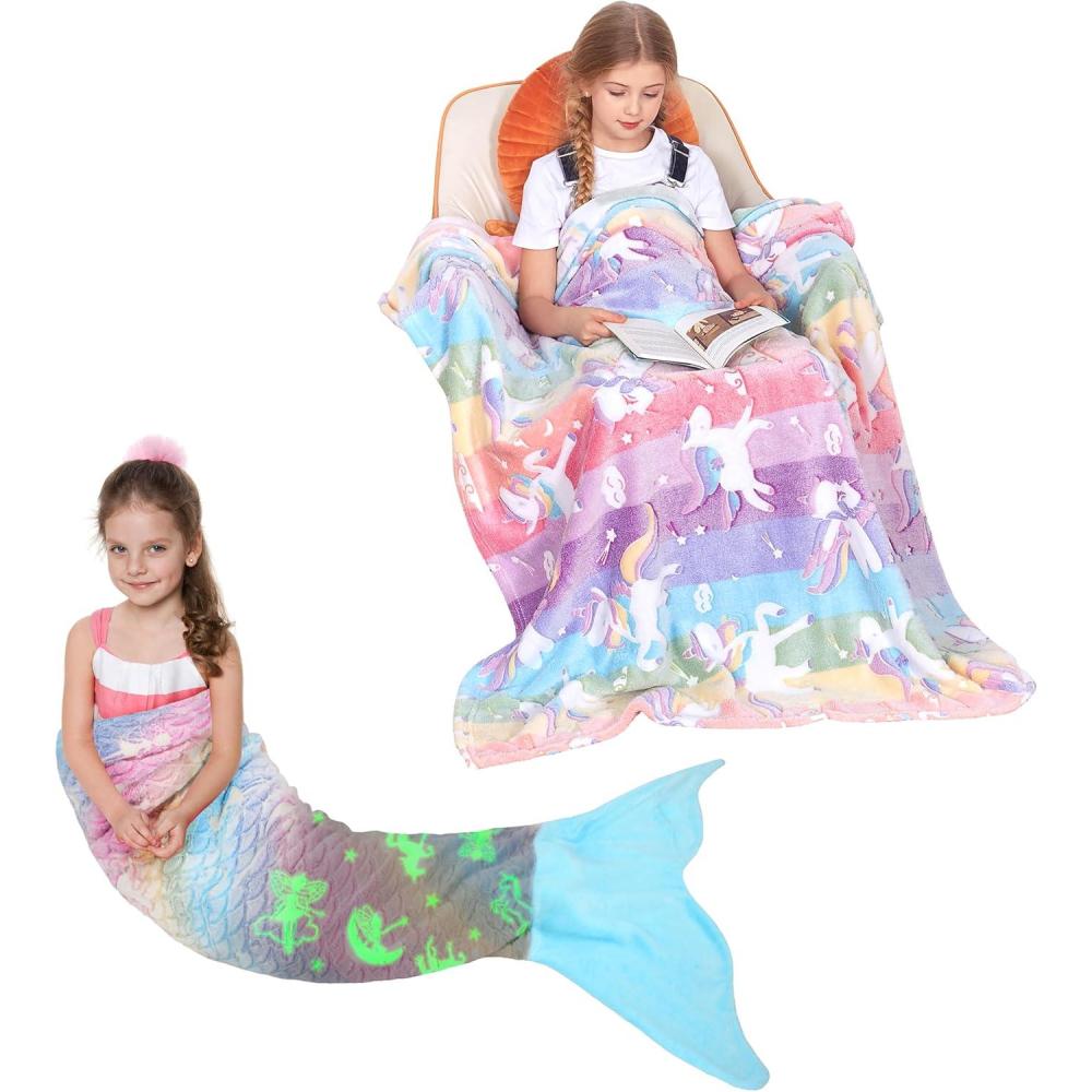 imageCatalonia Mermaid Tail Blanket and Girls Unicorn Glow in The Dark Blanket