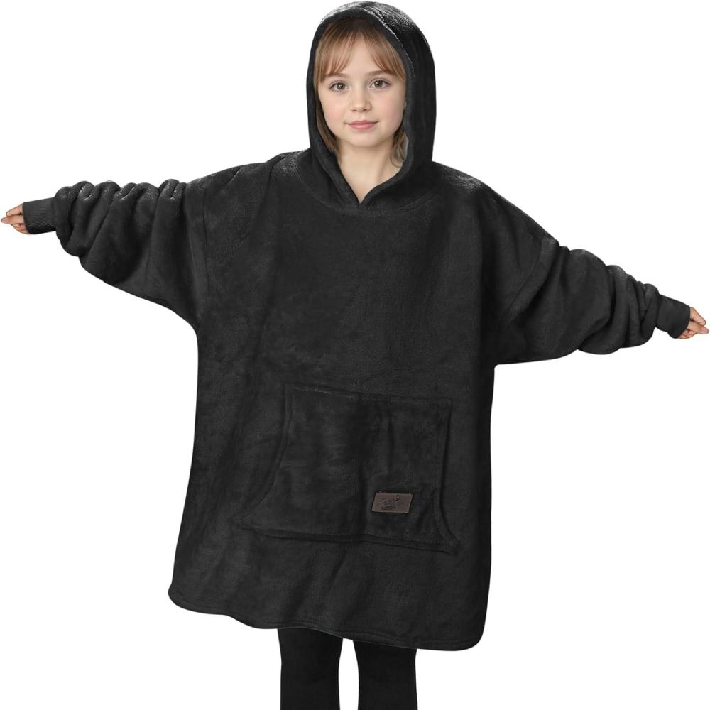 imageCatalonia Wearable Blanket Hoodie Kids Oversized Blanket Sweatshirt Hooded Blanket with Pocket amp Sleeves for Boys and GirlsBlack