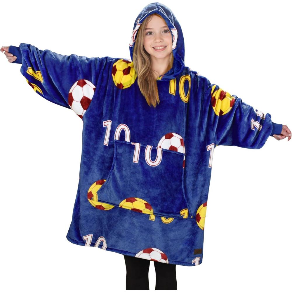 imageCatalonia Wearable Blanket Hoodie Kids Oversized Blanket Sweatshirt Hooded Blanket with Pocket amp Sleeves for Boys and GirlsSoccerteam Dark Blue