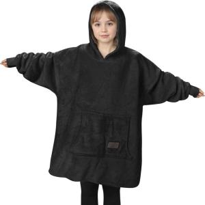 Catalonia Wearable Blanket Hoodie Kids Oversized Blanket Sweatshirt – Hooded Blanket with Pocket & Sleeves for Boys and Girls(Black)
