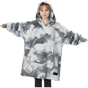 Catalonia Wearable Blanket Hoodie Kids Oversized Blanket Sweatshirt – Hooded Blanket with Pocket & Sleeves for Boys and Girls(Gray Dinosaur)