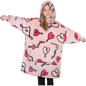 Catalonia Wearable Blanket Hoodie Kids Oversized Blanket Sweatshirt – Hooded Blanket with Pocket & Sleeves for Boys and Girls(Loveart Pink)