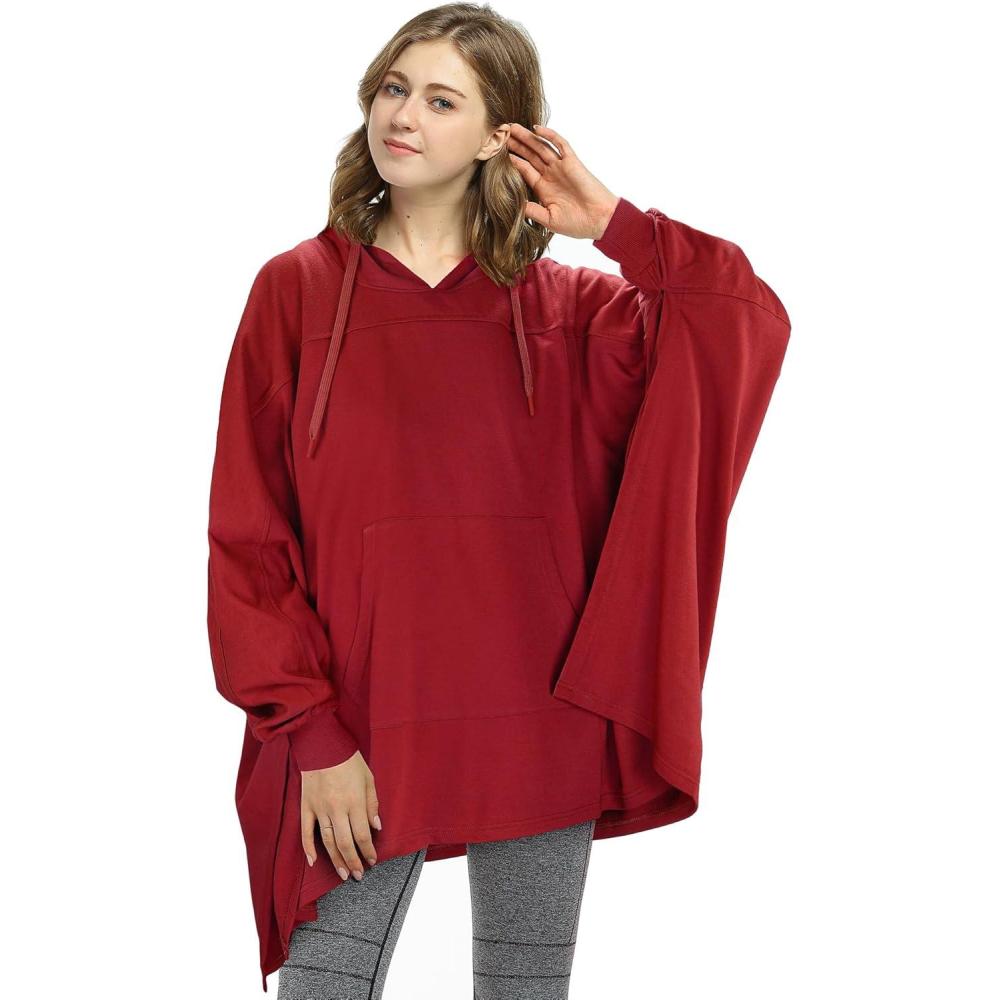 imageCatalonia Oversized Hoodie Sweatshirt Poncho Casual Hoodie Cape Batwing Coat Pullover Blanket for Adults Women MenRed