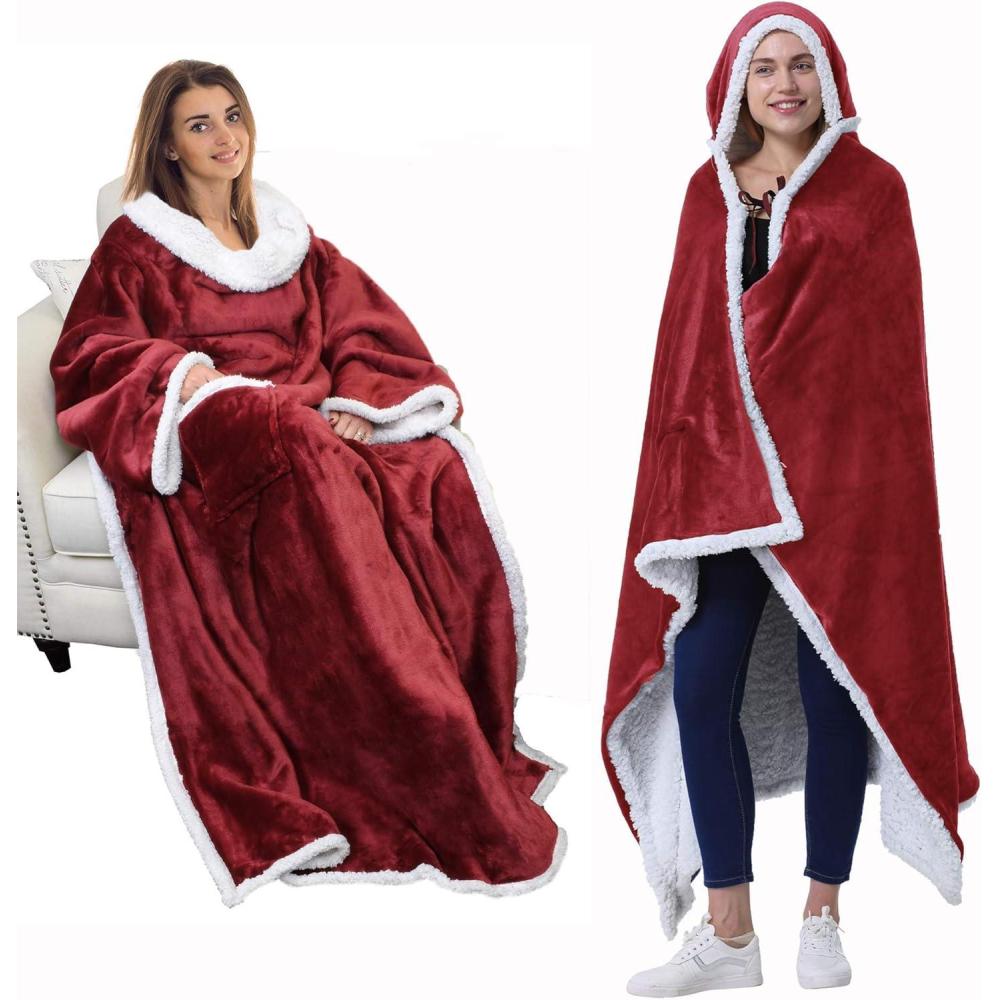 imageCatalonia Sherpa Wearable Blanket Blanket Poncho Wrap with Hood Soft Warm Cozy Snuggle Banket