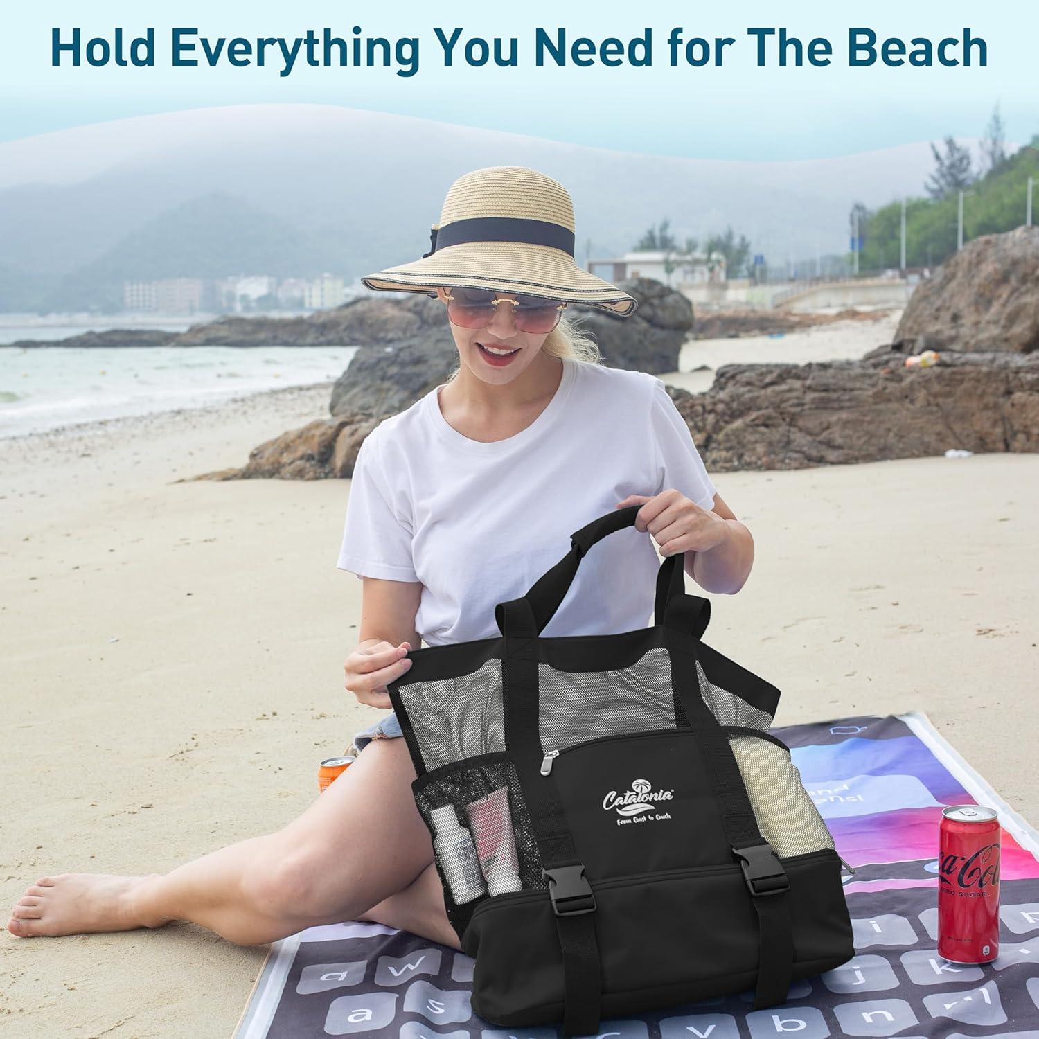 imageCatalonia Large Beach Tote Bags with Cooler Bag Mesh Beach Bag Women Sandproof Beach Bag for Toys amp Vacation Essentials for Your Family Beach TripBlack