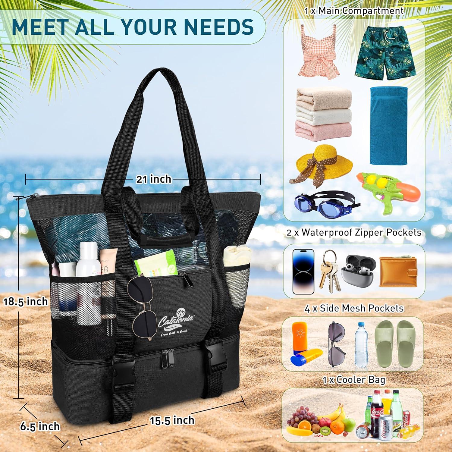 imageCatalonia Large Beach Tote Bags with Cooler Bag Mesh Beach Bag Women Sandproof Beach Bag for Toys amp Vacation Essentials for Your Family Beach TripBlack