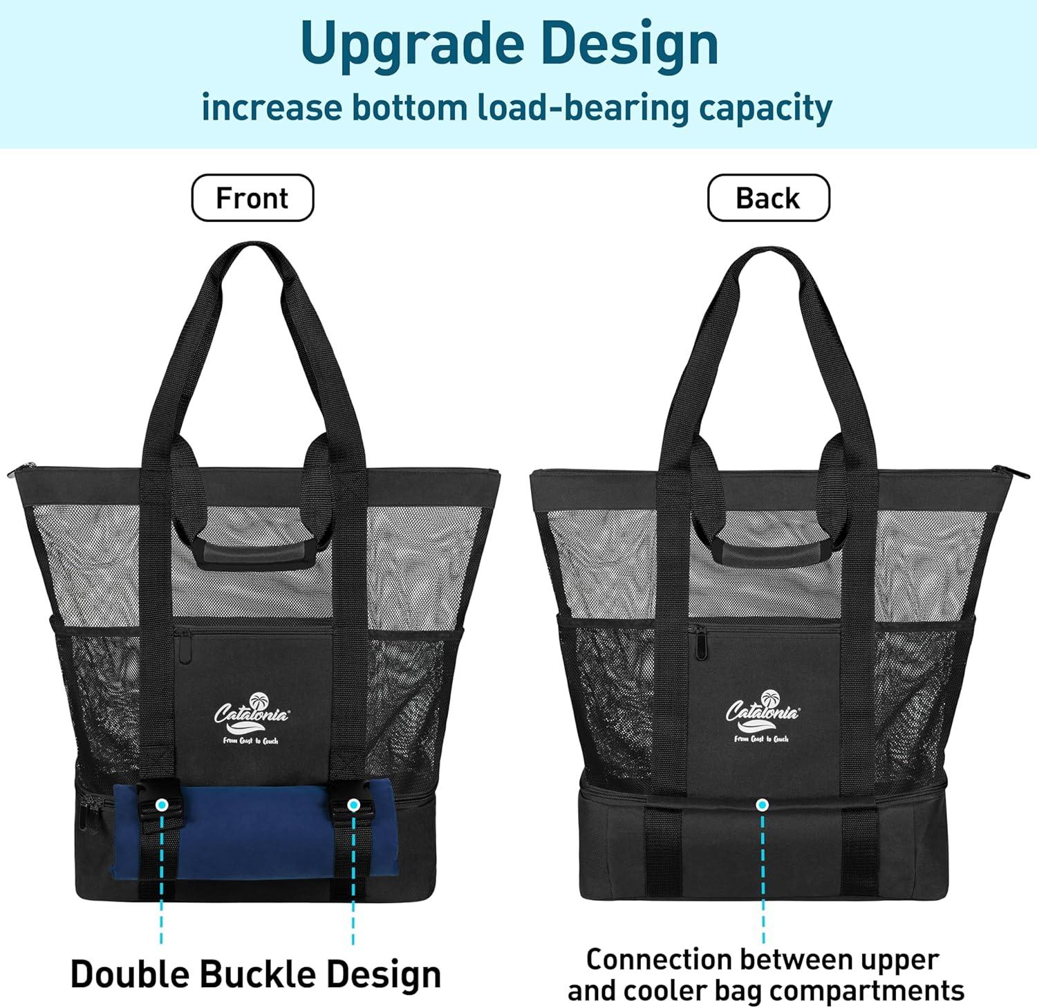 imageCatalonia Large Beach Tote Bags with Cooler Bag Mesh Beach Bag Women Sandproof Beach Bag for Toys amp Vacation Essentials for Your Family Beach TripBlack