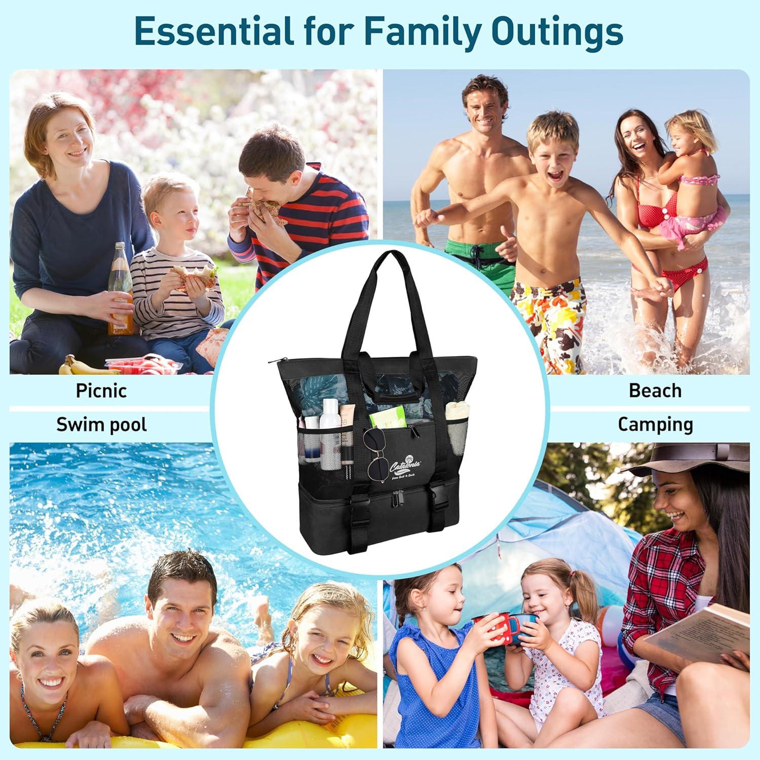 imageCatalonia Large Beach Tote Bags with Cooler Bag Mesh Beach Bag Women Sandproof Beach Bag for Toys amp Vacation Essentials for Your Family Beach TripBlack