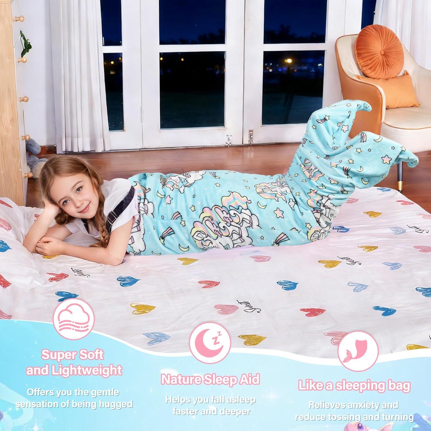 imageCatalonia Ultra Soft Mermaid Tail Blanket for Kids Fish Tail Snuggly Blanket Cozy Fleece Mermaid Gift for Girls ToddlersUnicorn Blue