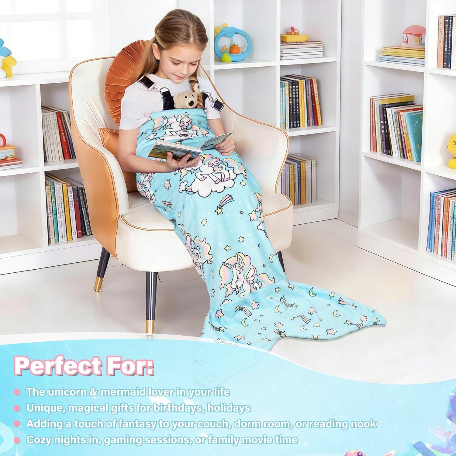 imageCatalonia Ultra Soft Mermaid Tail Blanket for Kids Fish Tail Snuggly Blanket Cozy Fleece Mermaid Gift for Girls ToddlersUnicorn Blue