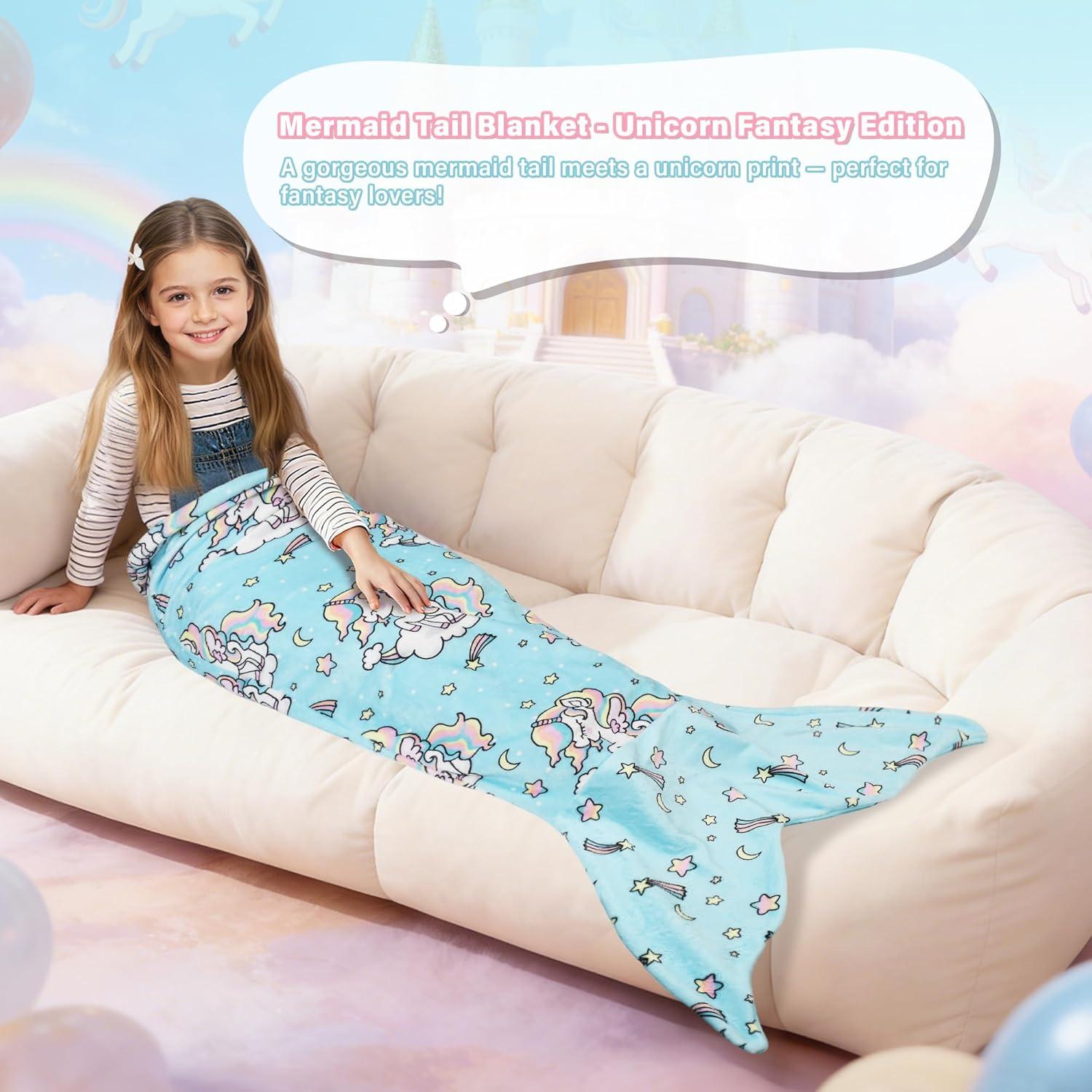 imageCatalonia Ultra Soft Mermaid Tail Blanket for Kids Fish Tail Snuggly Blanket Cozy Fleece Mermaid Gift for Girls ToddlersUnicorn Blue