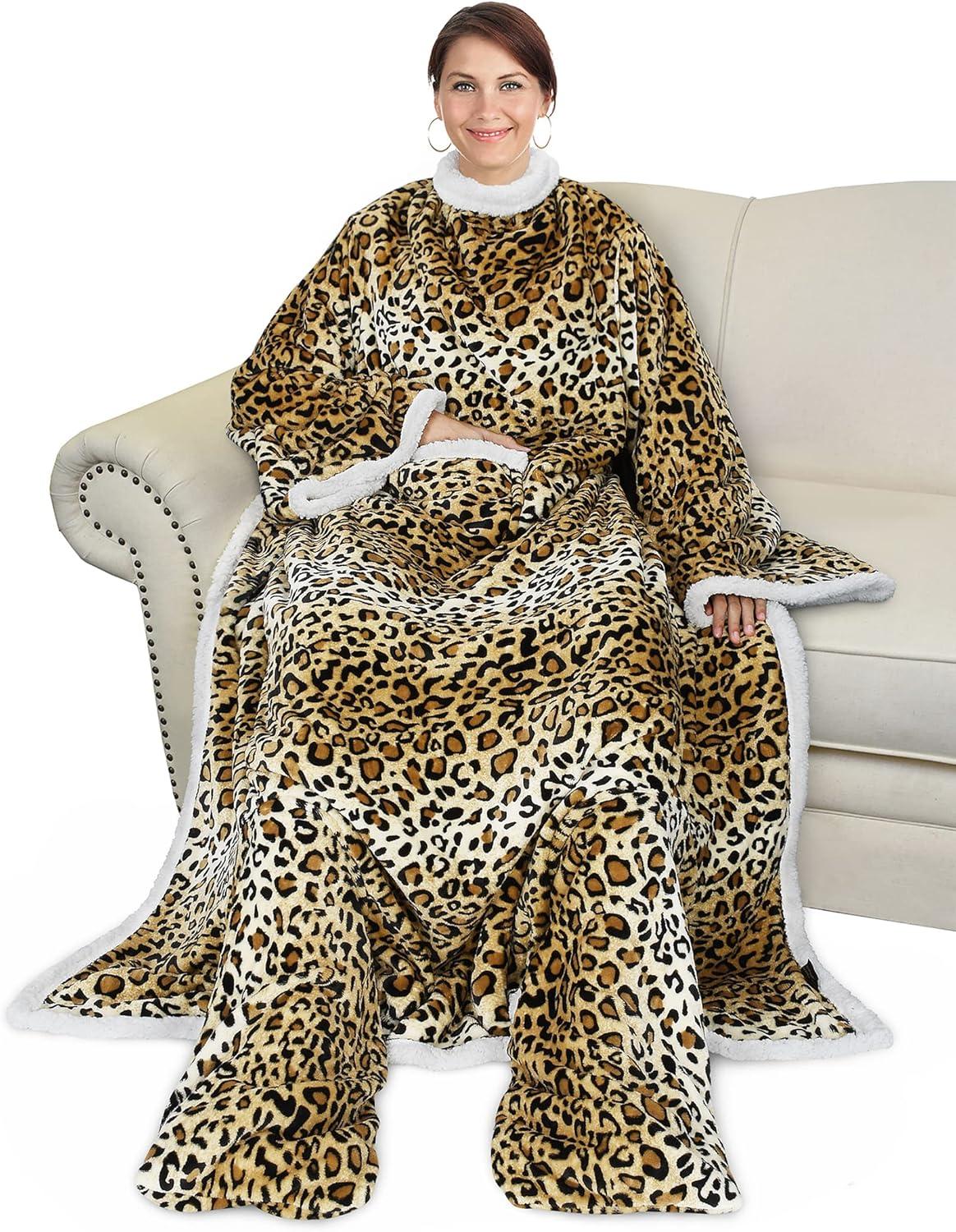 imageCatalonia Xmas Dachshund Print Wearable Blanket with Sleeves and Foot Pocket UltraSoft Warm Fleece Long Throw Snuggly Blanket for Sleeping amp TV Time Cozy Christmas Gift for Women amp MenCheetah