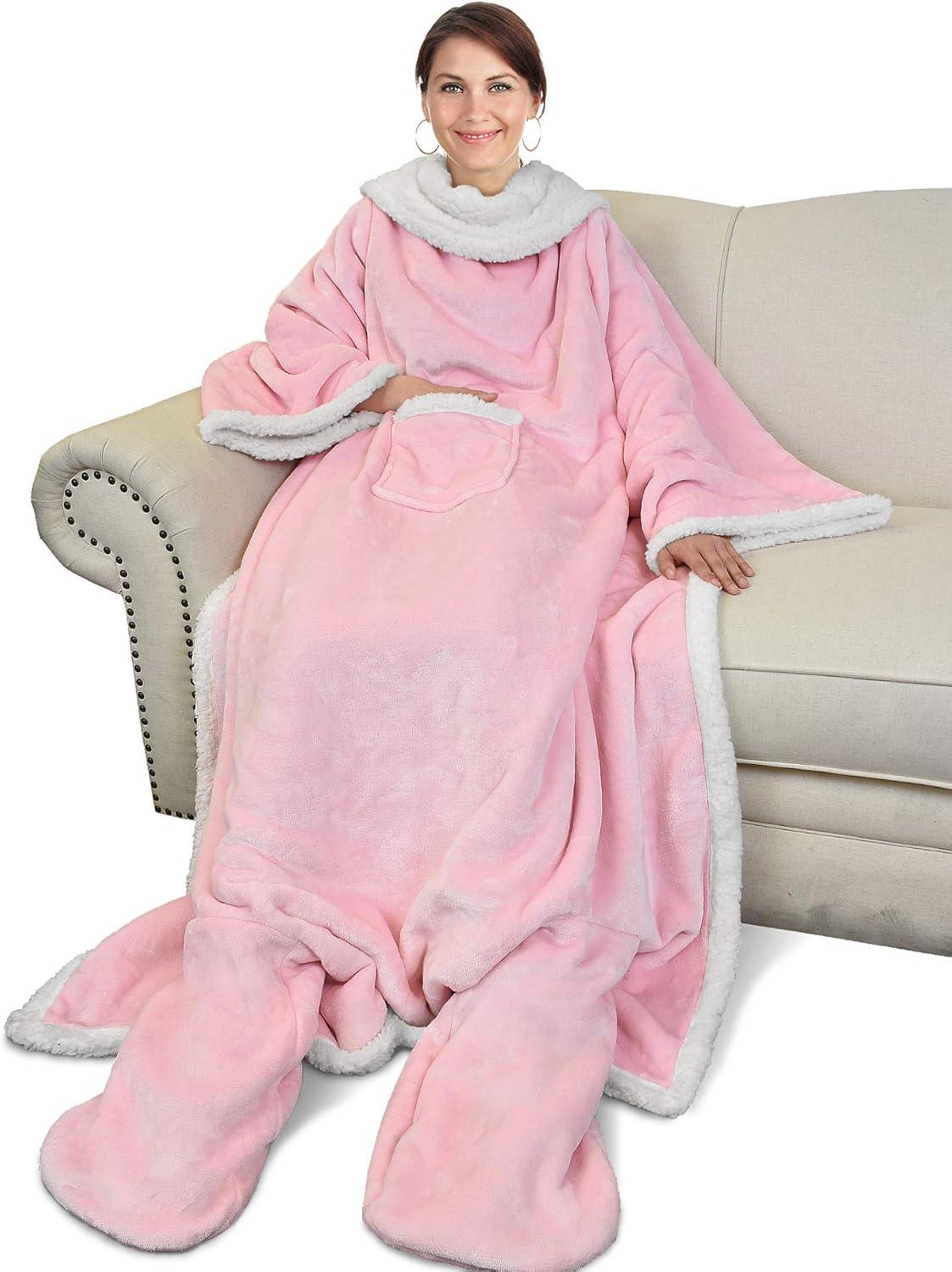 imageCatalonia Xmas Dachshund Print Wearable Blanket with Sleeves and Foot Pocket UltraSoft Warm Fleece Long Throw Snuggly Blanket for Sleeping amp TV Time Cozy Christmas Gift for Women amp MenPink