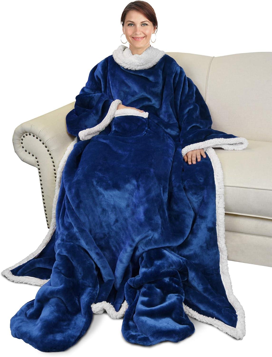 imageCatalonia Xmas Dachshund Print Wearable Blanket with Sleeves and Foot Pocket UltraSoft Warm Fleece Long Throw Snuggly Blanket for Sleeping amp TV Time Cozy Christmas Gift for Women amp MenNavy