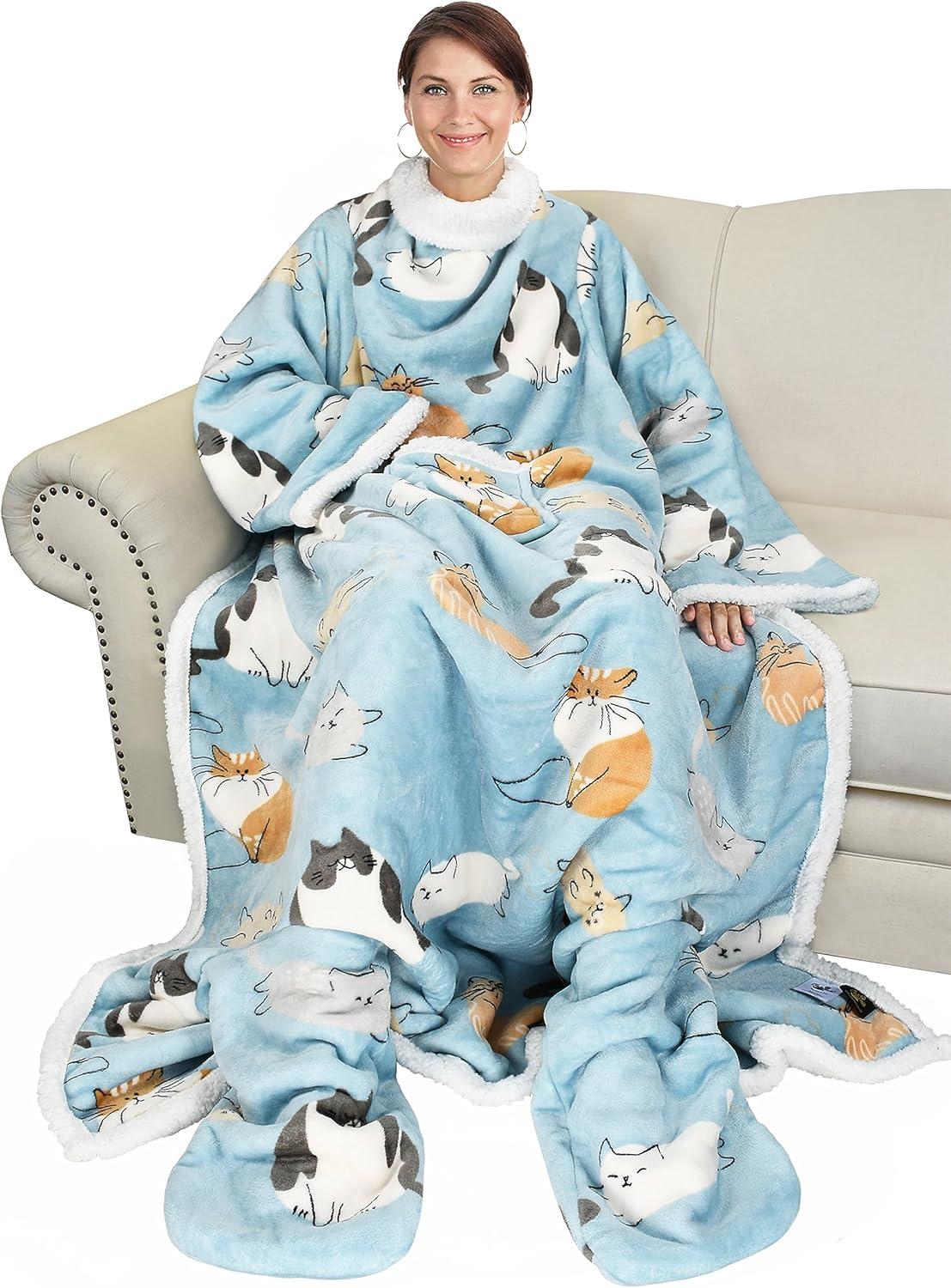 imageCatalonia Xmas Dachshund Print Wearable Blanket with Sleeves and Foot Pocket UltraSoft Warm Fleece Long Throw Snuggly Blanket for Sleeping amp TV Time Cozy Christmas Gift for Women amp MenCat Blue