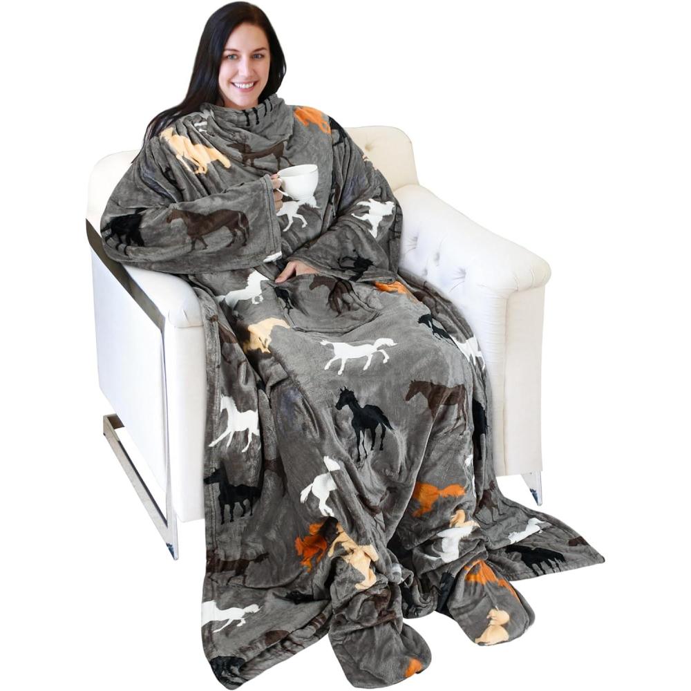 imageCatalonia Xmas Dachshund Print Wearable Blanket with Sleeves and Foot Pocket UltraSoft Warm Fleece Long Throw Snuggly Blanket for Sleeping amp TV Time Cozy Christmas Gift for Women amp MenTaupe Horse
