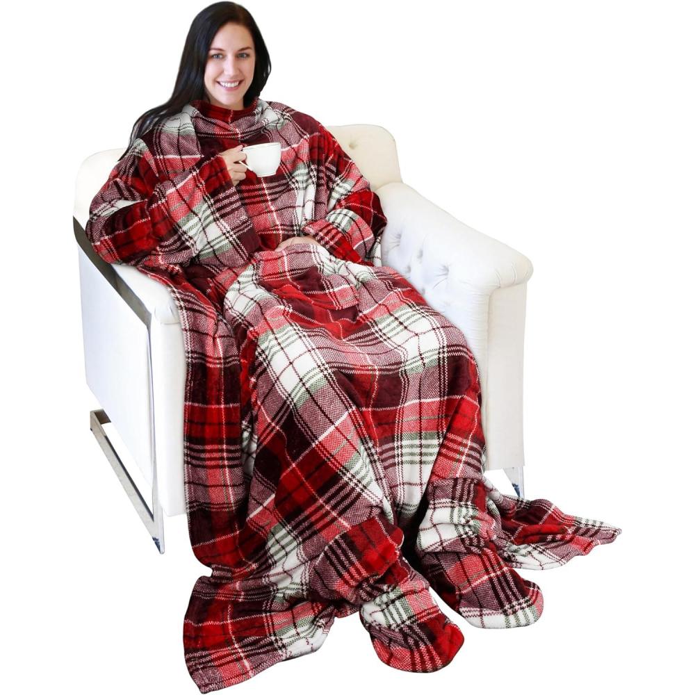 imageCatalonia Xmas Dachshund Print Wearable Blanket with Sleeves and Foot Pocket UltraSoft Warm Fleece Long Throw Snuggly Blanket for Sleeping amp TV Time Cozy Christmas Gift for Women amp MenRed Plaid