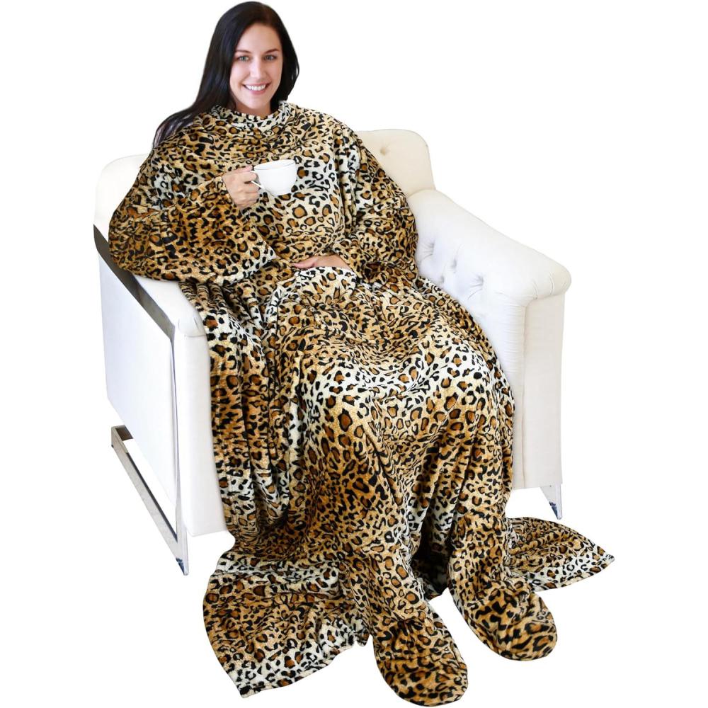 imageCatalonia Xmas Dachshund Print Wearable Blanket with Sleeves and Foot Pocket UltraSoft Warm Fleece Long Throw Snuggly Blanket for Sleeping amp TV Time Cozy Christmas Gift for Women amp MenCheetah