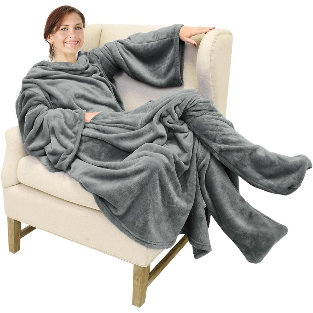imageCatalonia Xmas Dachshund Print Wearable Blanket with Sleeves and Foot Pocket  UltraSoft Warm Fleece Long Throw Snuggly Blanket for Sleeping amp TV Time  Cozy Christmas Gift for Women amp MenGray