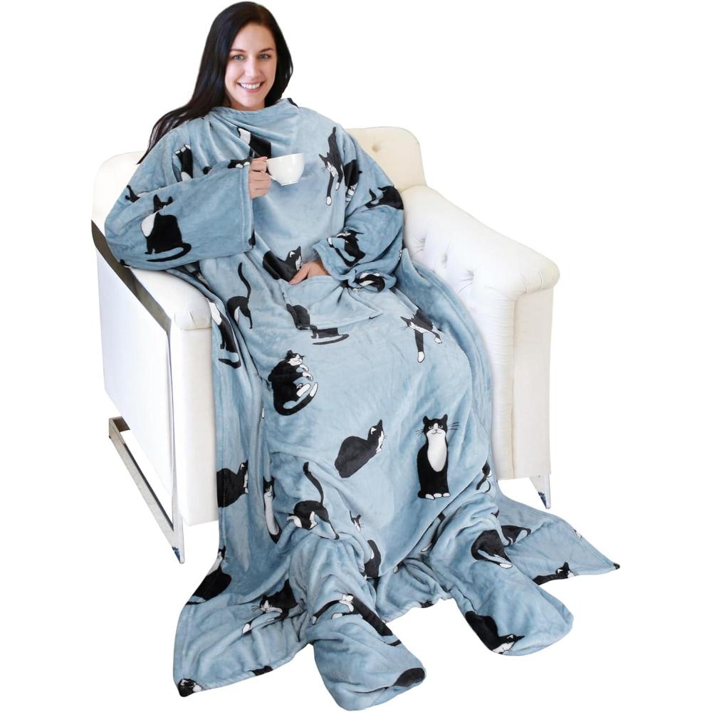 imageCatalonia Xmas Dachshund Print Wearable Blanket with Sleeves and Foot Pocket UltraSoft Warm Fleece Long Throw Snuggly Blanket for Sleeping amp TV Time Cozy Christmas Gift for Women amp MenWondercat Grey