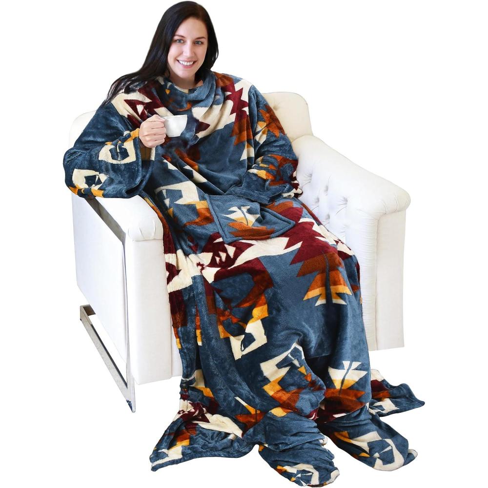 imageCatalonia Xmas Dachshund Print Wearable Blanket with Sleeves and Foot Pocket UltraSoft Warm Fleece Long Throw Snuggly Blanket for Sleeping amp TV Time Cozy Christmas Gift for Women amp MenSouthwest Blue