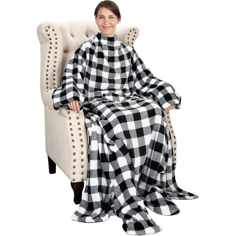 imageCatalonia Xmas Dachshund Print Wearable Blanket with Sleeves and Foot Pocket UltraSoft Warm Fleece Long Throw Snuggly Blanket for Sleeping amp TV Time Cozy Christmas Gift for Women amp MenPlaid White